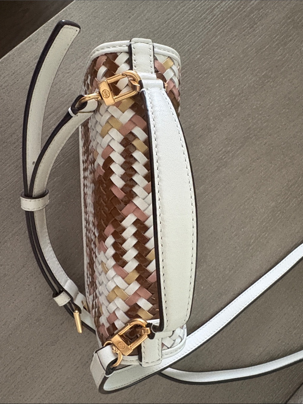 Tory Burch Woven White, Brown & Pink Mini Top-Handle Bag - Picture 5 of 8